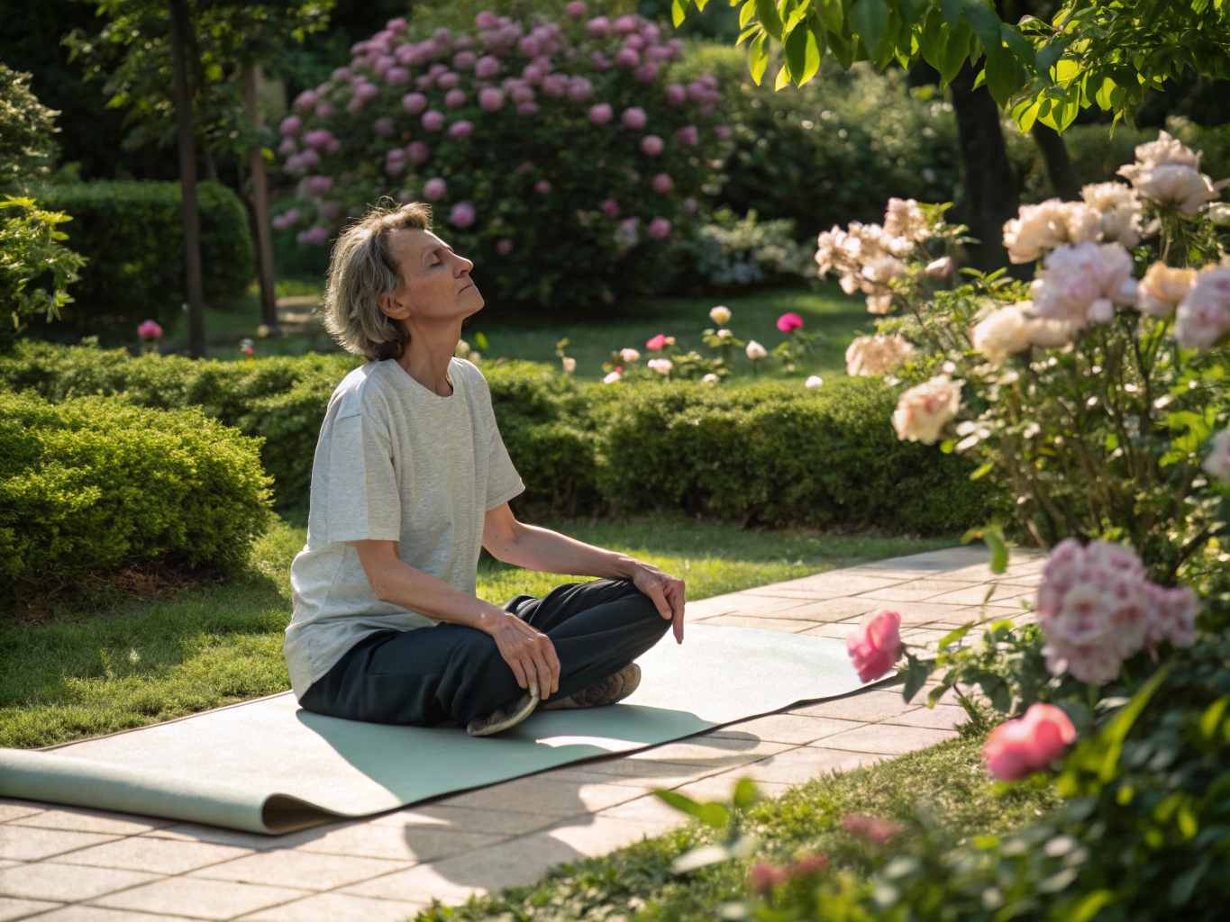 Woman practicing mindful breathwork in tranquil sunlit garden