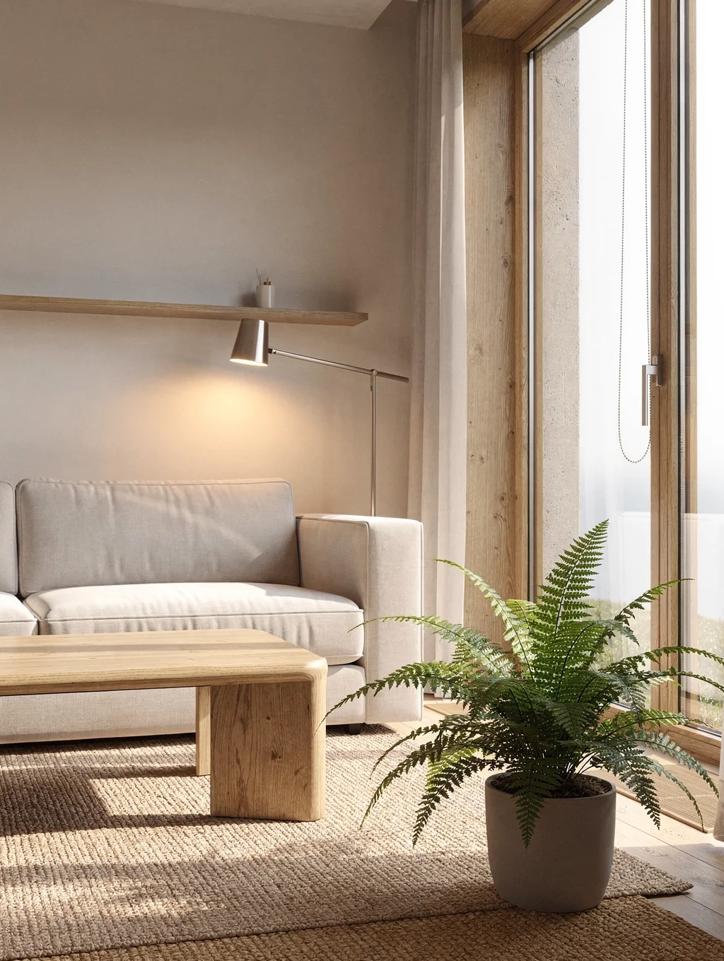 Sunlit, tranquil living sanctuary with organized calm surfaces
