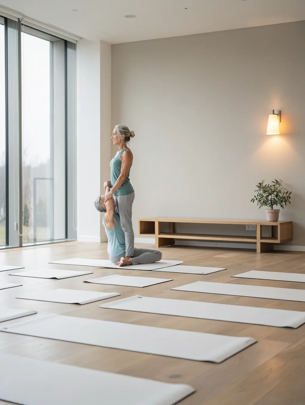 Authentic and calm mindful movement practice in a sunlit sanctuary room