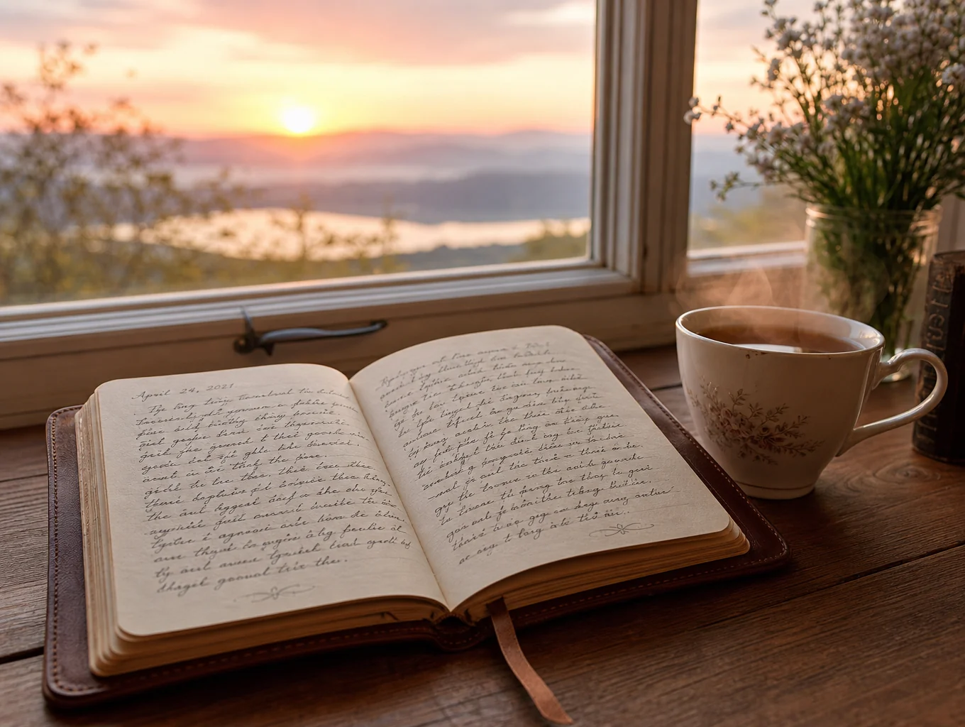 Balanced tea and reflective journaling moment at an open window