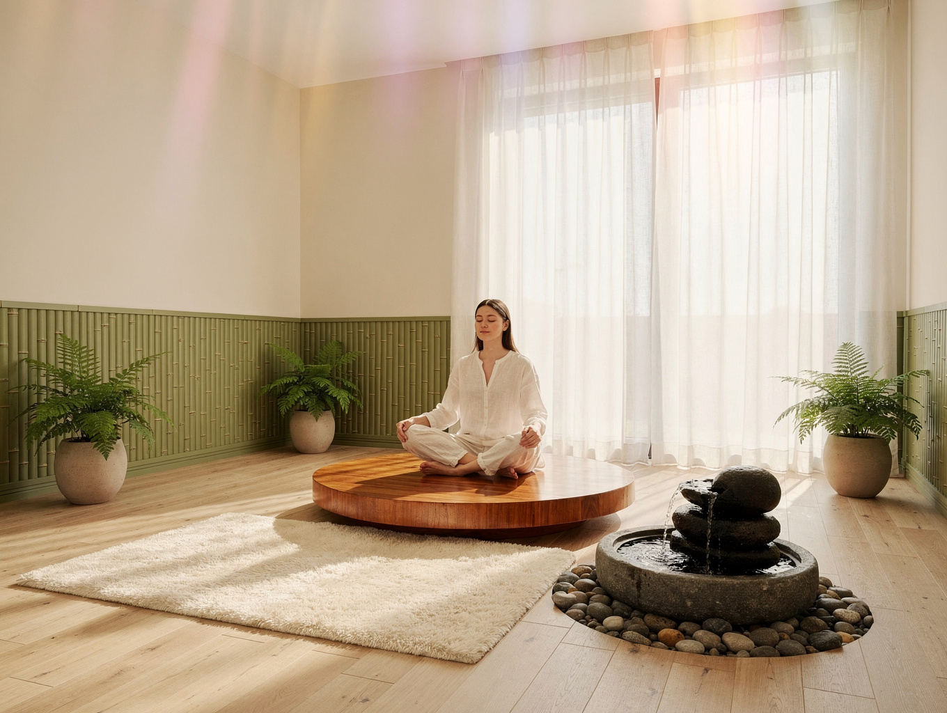 Mindful meditation space with soft natural lighting and warm linen accents